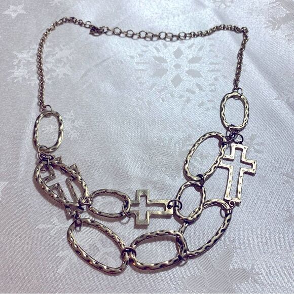 Cross Necklace Brushed Gold Tone Double Strand 20” Gorgeous - Picture 3 of 3